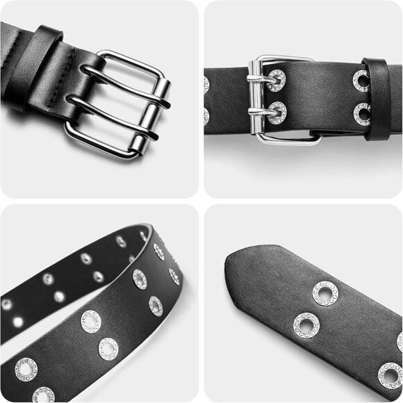 Men's Black Rhinestone Double Prong Alloy Buckle Vintage Jeans Pu Leather Belts - Picture 4 of 5